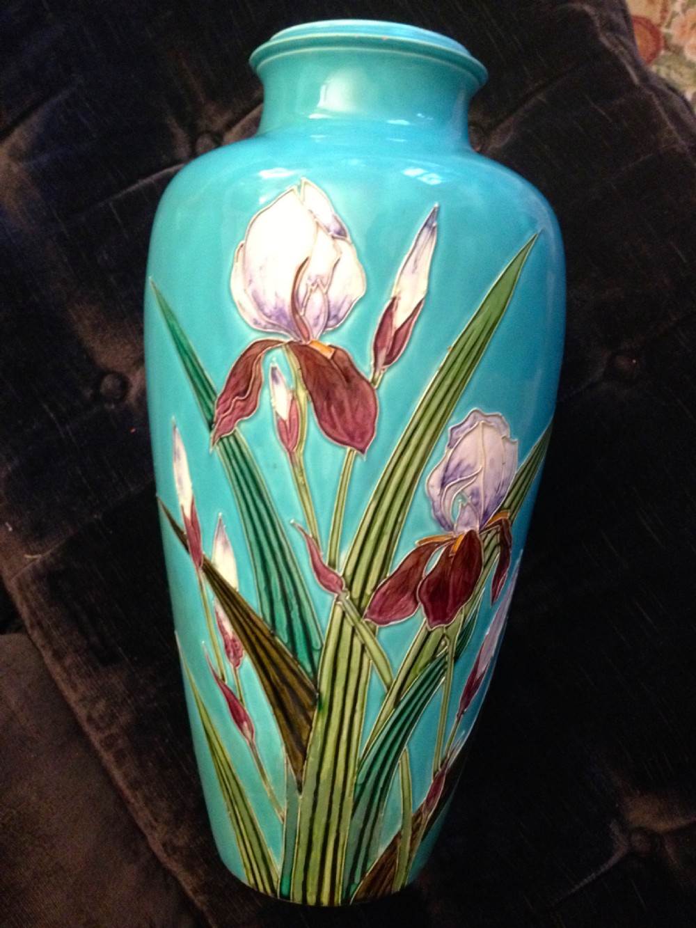 large 1920 iris vase etched and hand enamelled