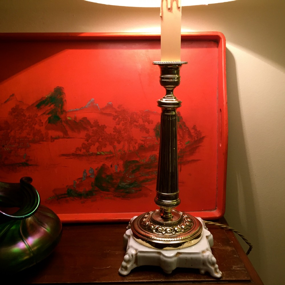 elegant 1920 column table lamp brass on porcelain de paris