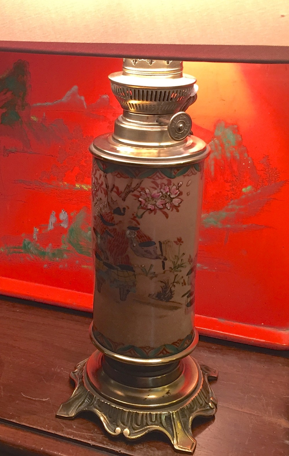 1850 chinoiserie oil lamp converted bronze and enamel on toleware