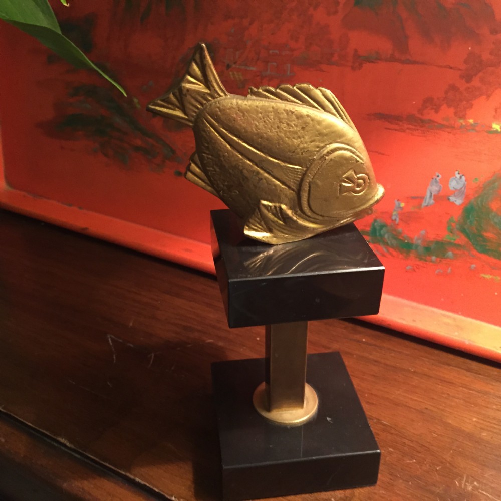art deco fish desk paperweight gilt bronze signed