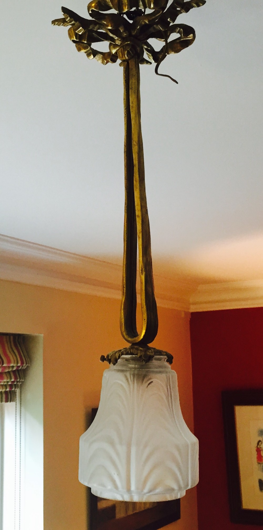 beautiful 1900 ceiling suspension ribbon and bow bronze and pate de verre