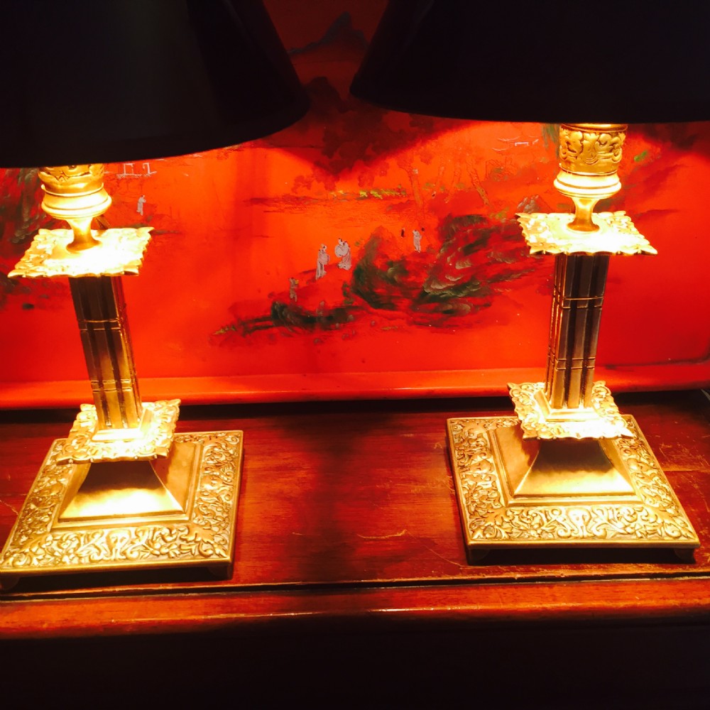 fine pair art nouveau table lamps brass