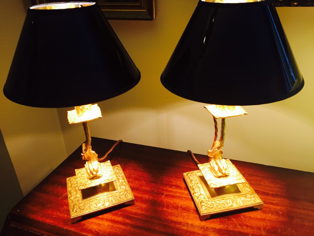 pair regency dolphin table lamps bronze