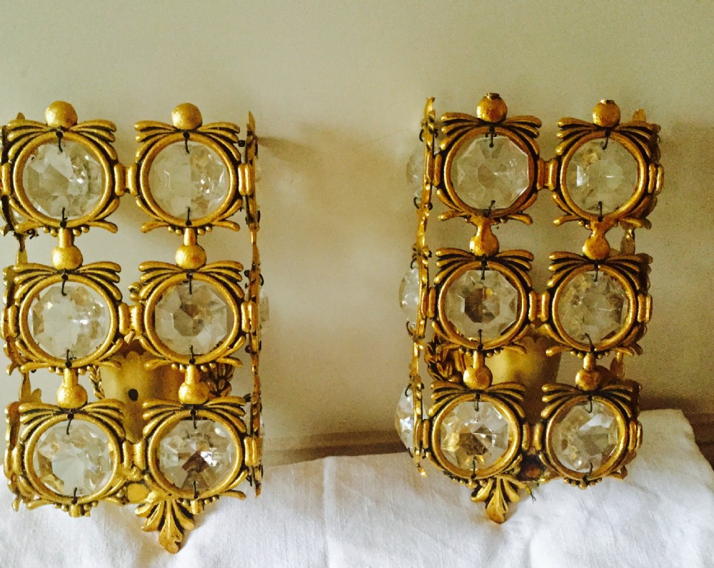 wonderful pair 1920 wall lights brass and crystal