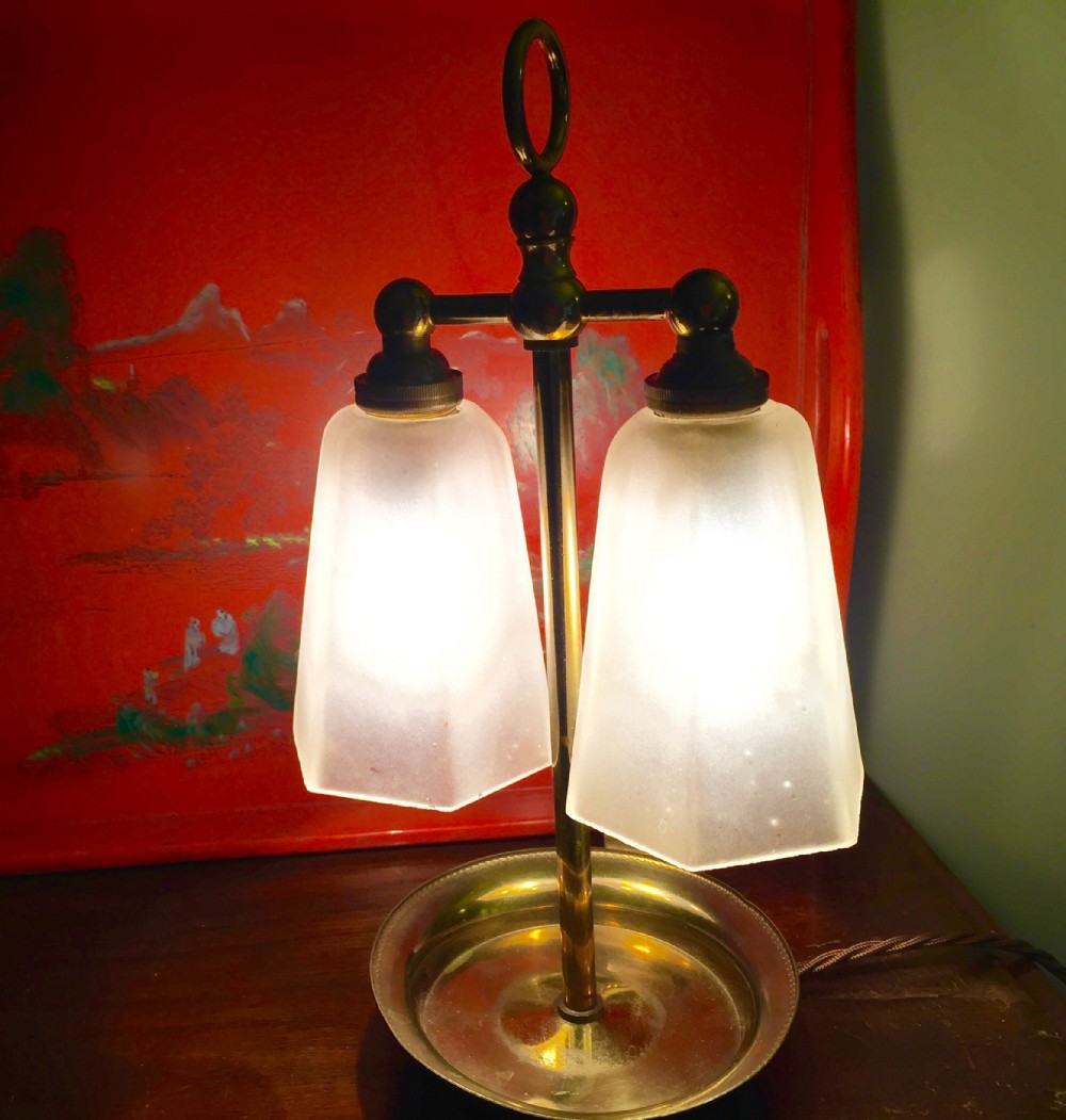 art deco dual lamp brass and frosted glass