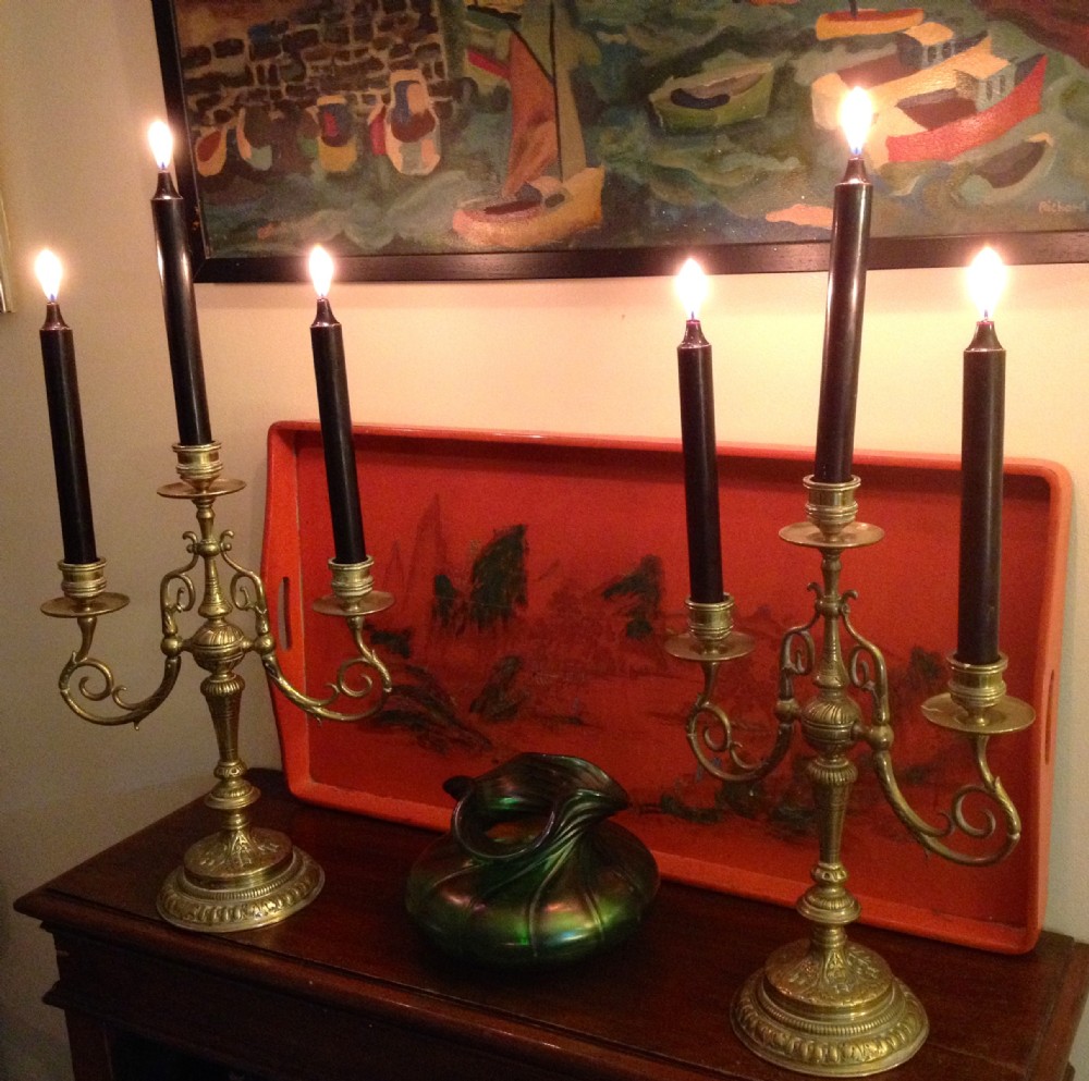 imposing pair arts crafts candlesticks bronze