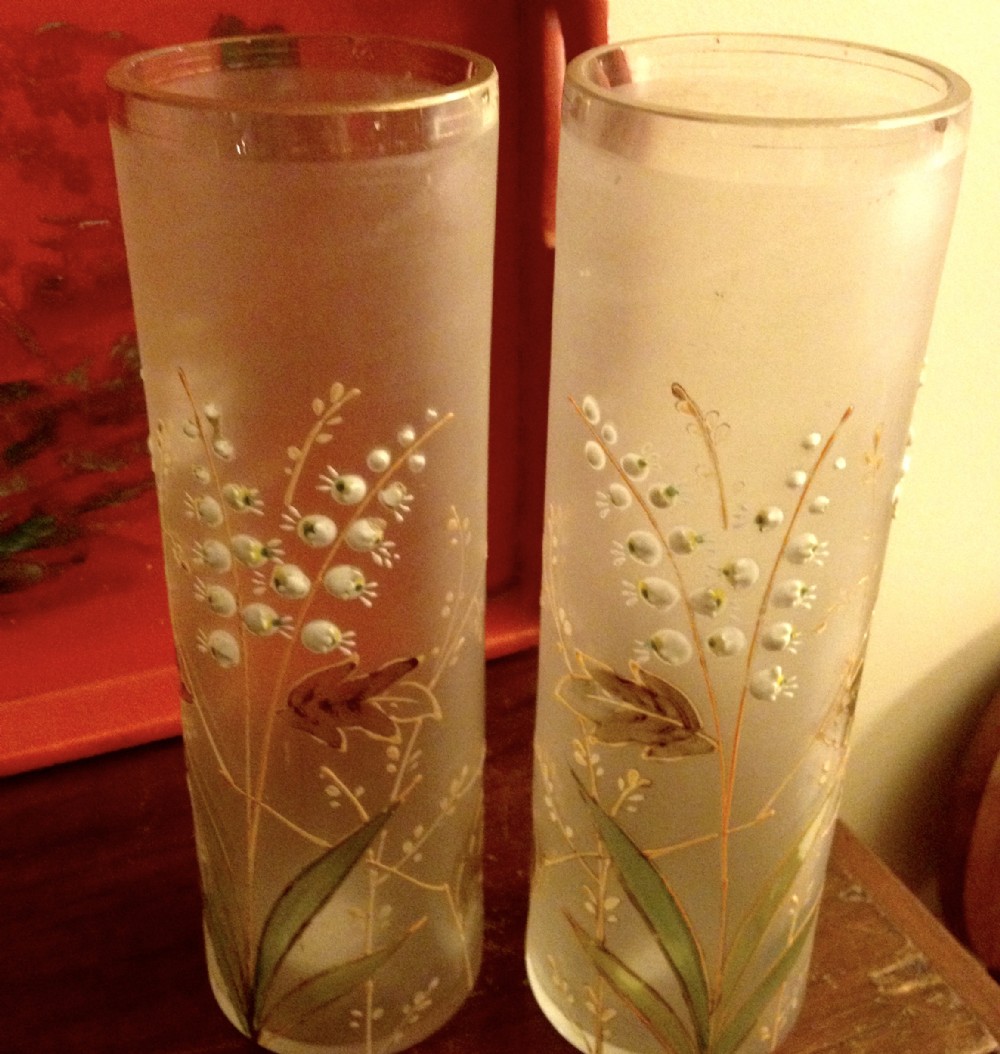 fine pair etched and enamelled vases art nouveau