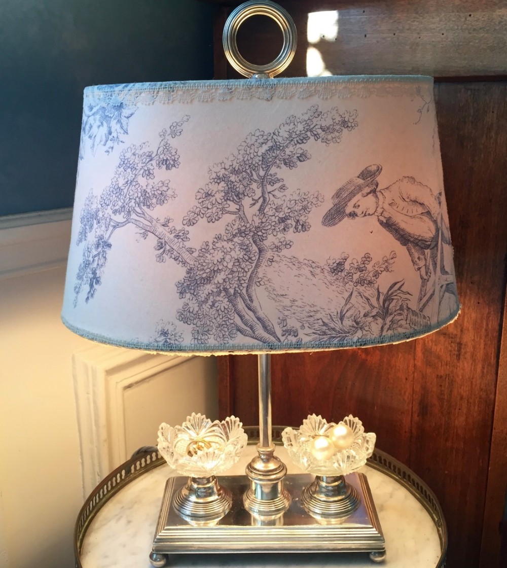 bouillotte lamp siver plated crystal and toile de jouy