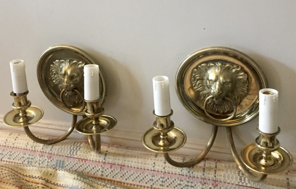 pair heavy french 19th century lion heads wall lights