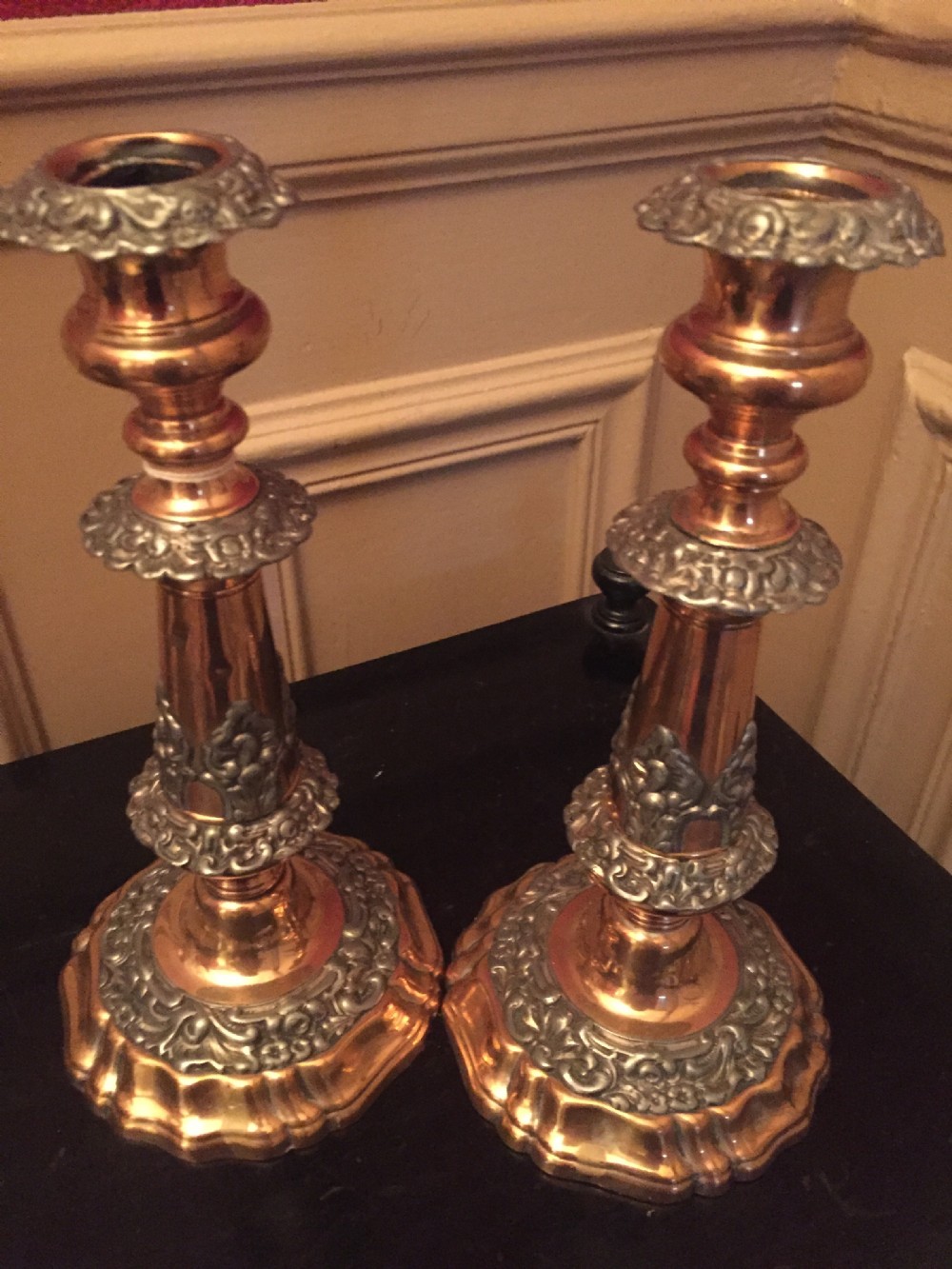pair arts and crafts candlesticks silver on copper