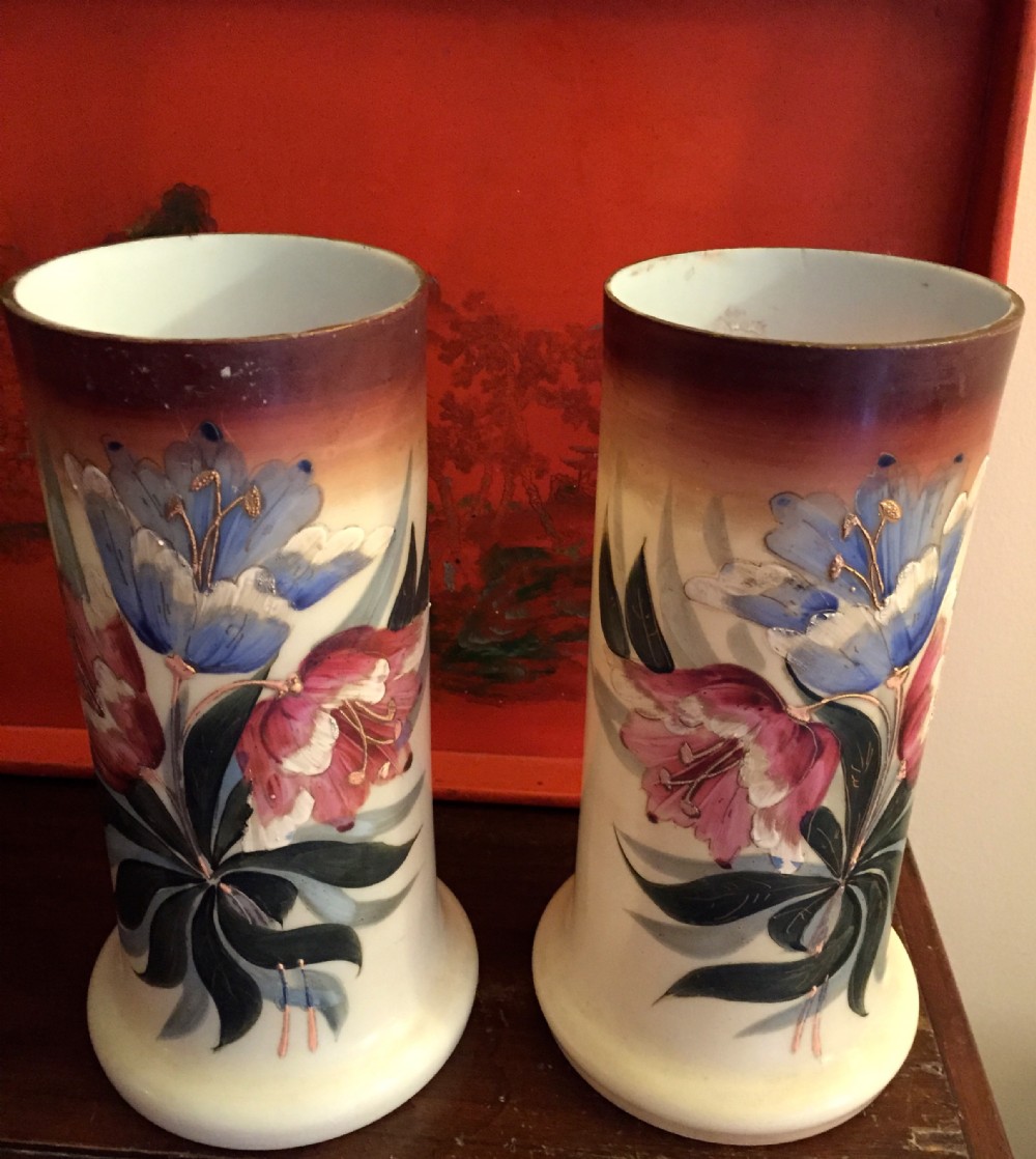 pair art nouveau vases enamelled opaline