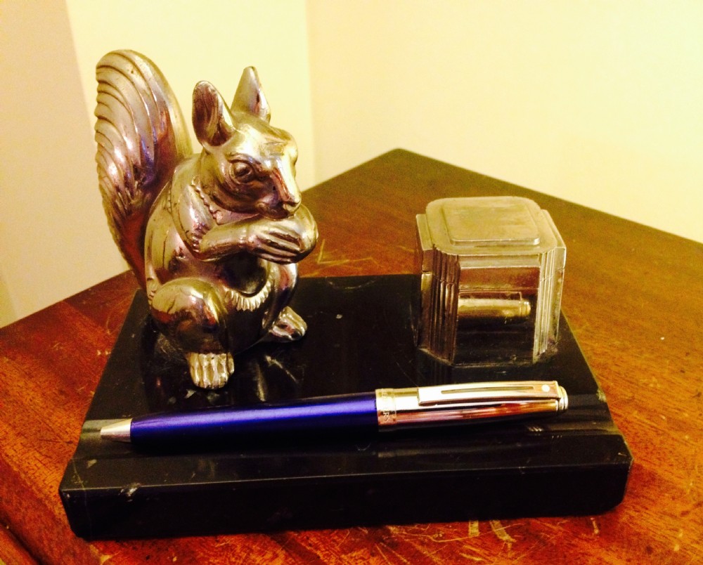 art deco squirrel inkwell and pen rest chrome on marble