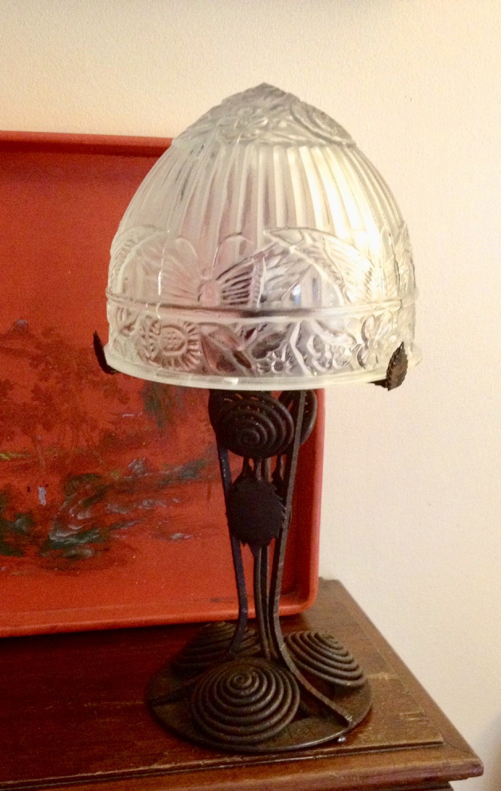 art deco table lamp wrought iron and glass dome