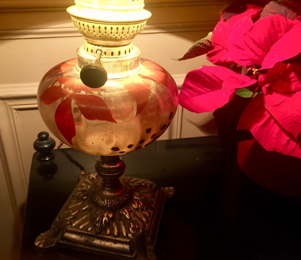 art nouveau enamelled converted oil lamp