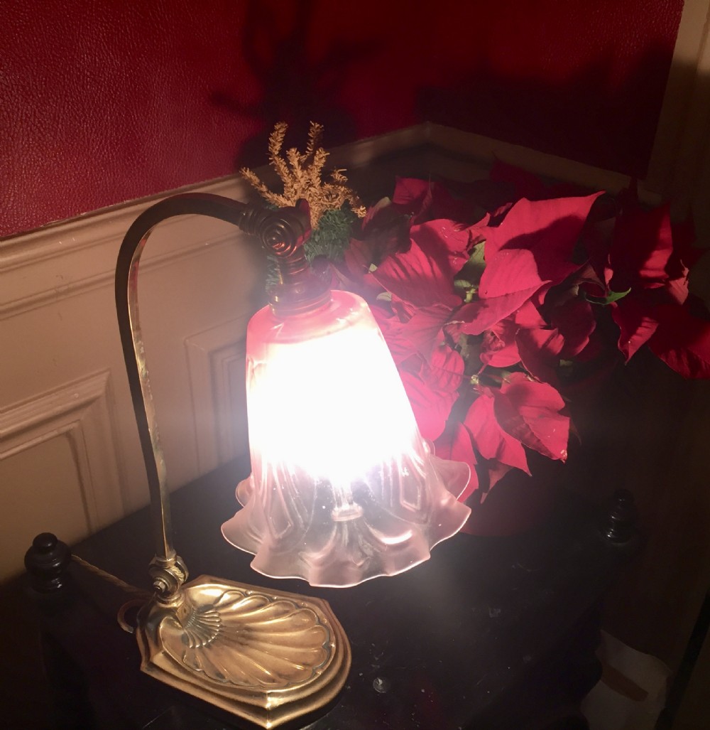 edwardian adjustable desk lamp brass and cranberry glass