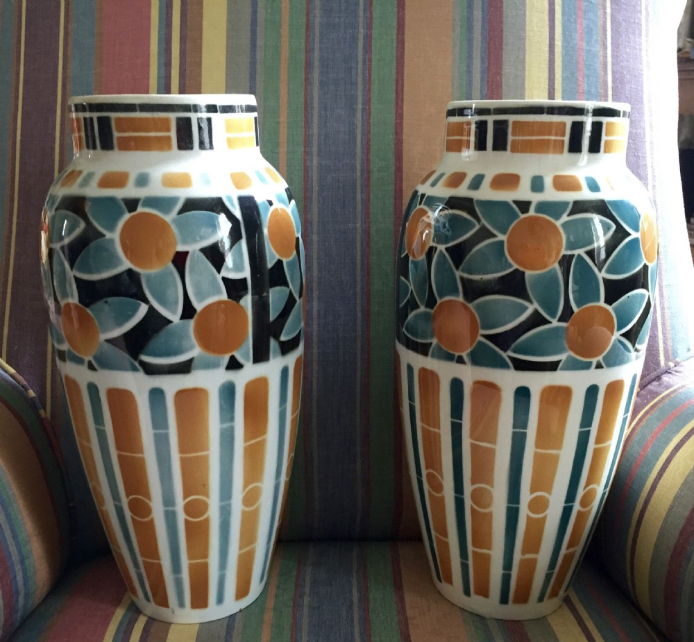 pair tall art deco vases faience