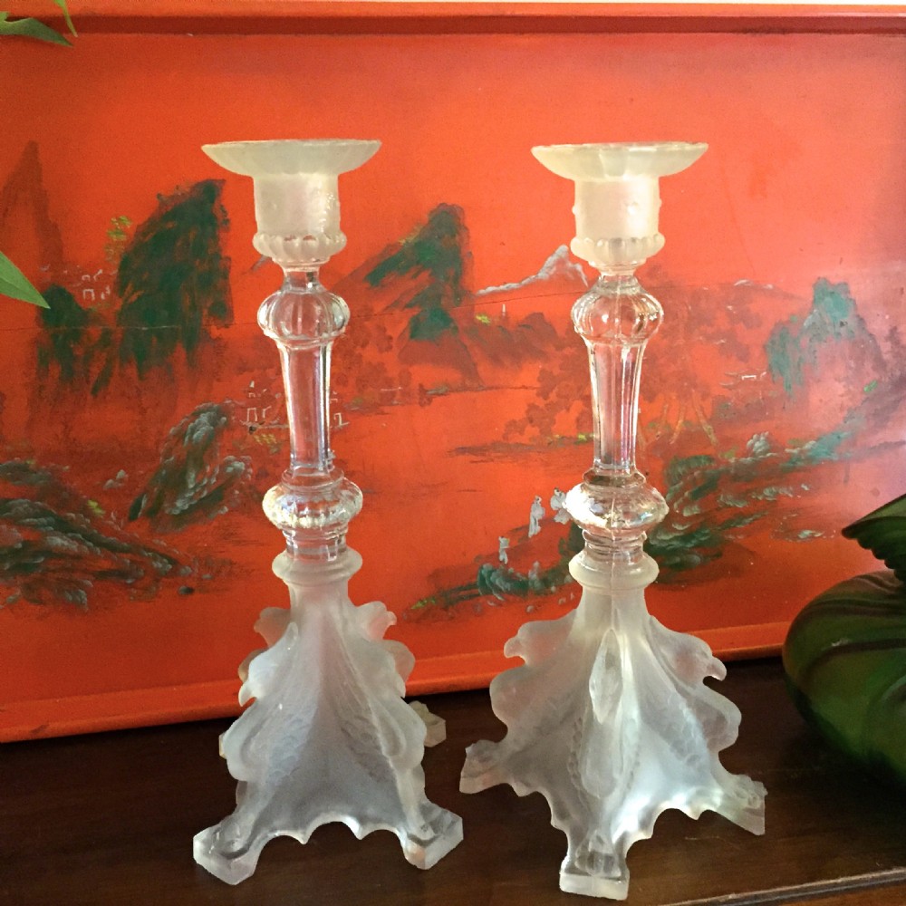 pair candleholders frosted glass val st lambert