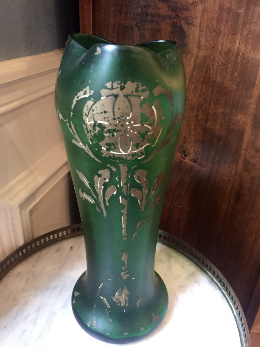 art nouveau gold enamelled green vase