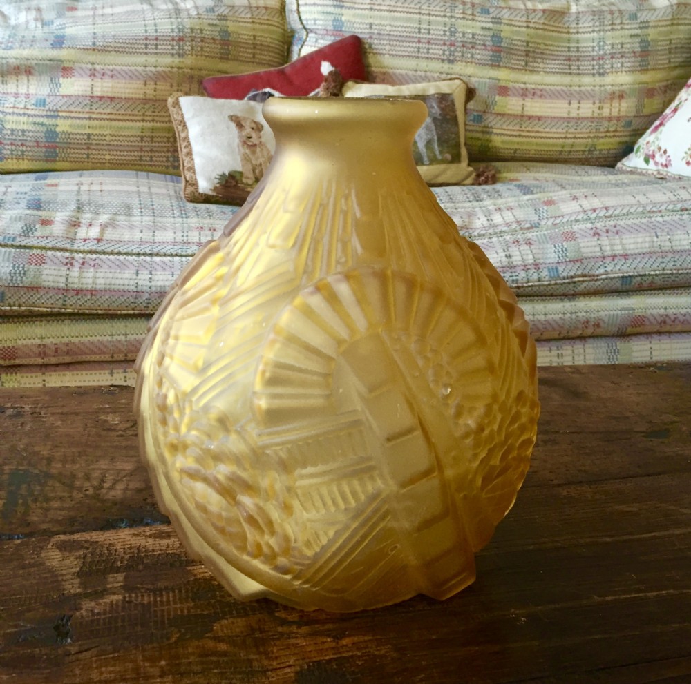 art deco large vase amber frosted glass
