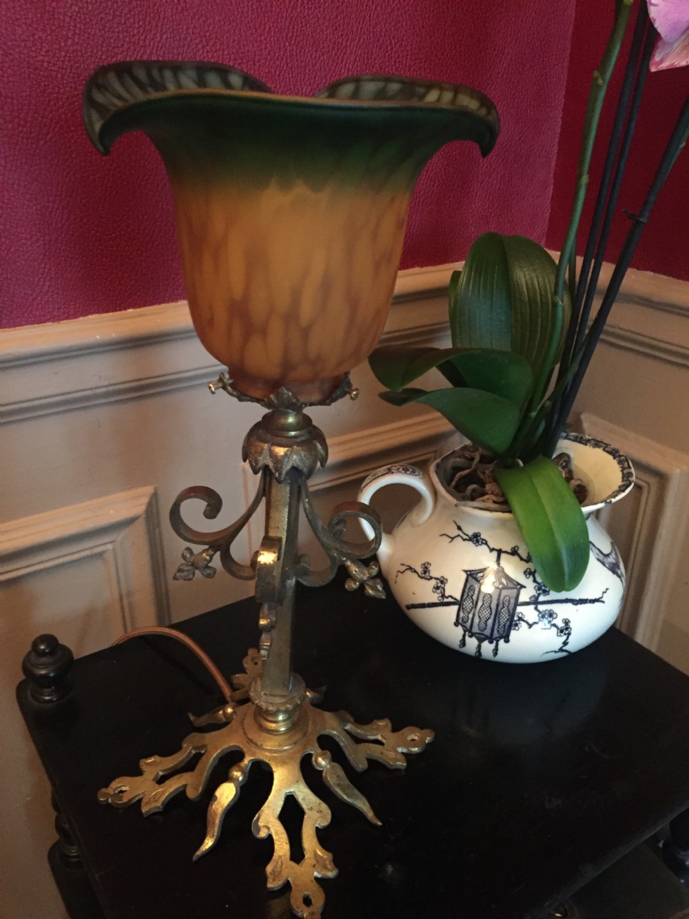 art nouveau coach lamp bronze and pate de verre