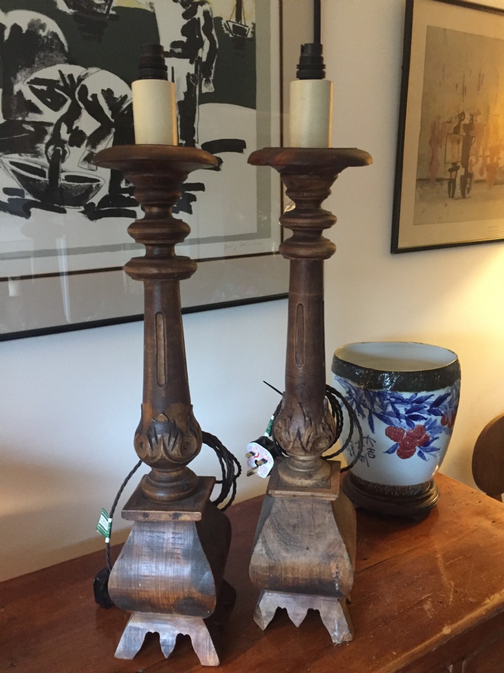 19th century tall near pair lamps carved oak french