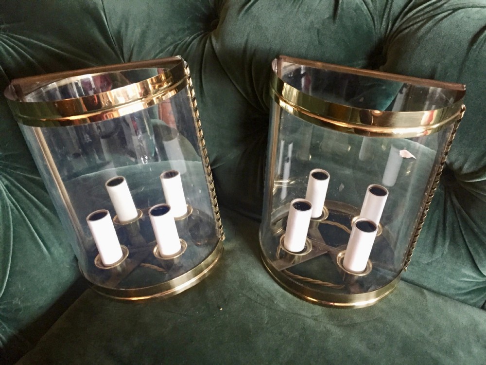 traditional pair art deco twin half wall lanterns mirror and brass