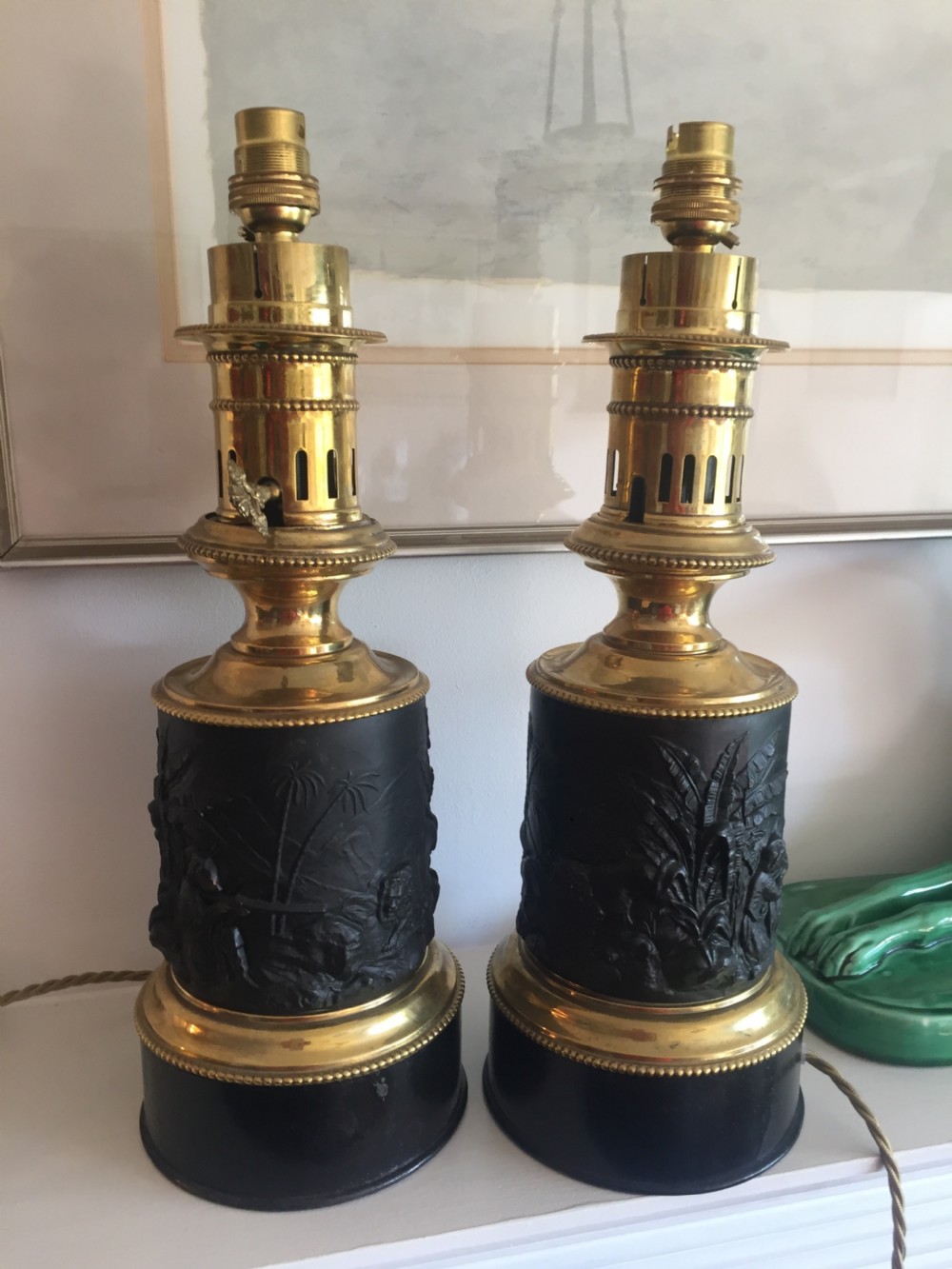 pair french orientalist theme converted oil lamps brass and black tole